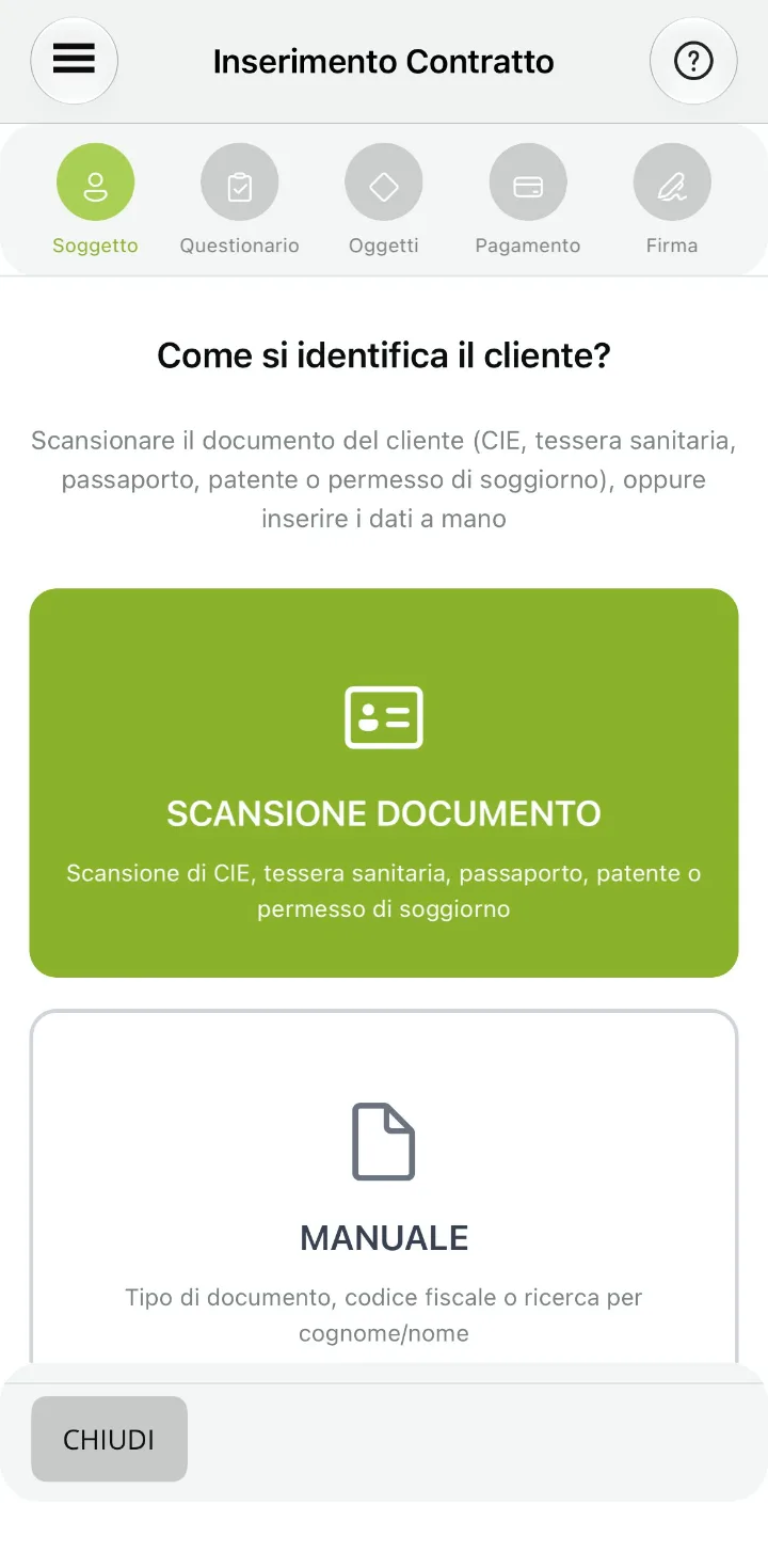 App compro oro: scelta Scansione Documenti per identificare il cliente