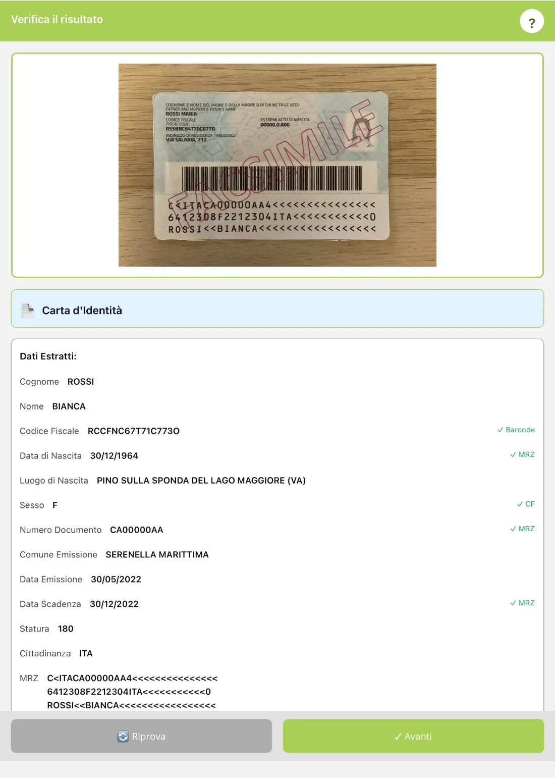 Dati verificati con codice fiscale e MRZ nell'app compro oro